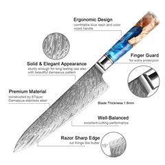 Hand Forged Damascus Chef Knife Set - Colored Blue Resin Handle - Letcase