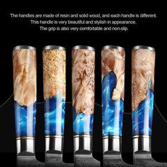 Hand Forged Damascus Chef Knife Set - Colored Blue Resin Handle - Letcase