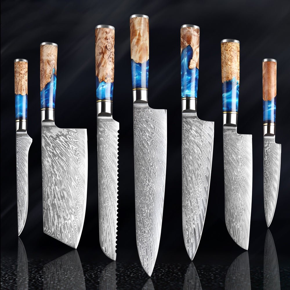 Hand Forged Damascus Chef Knife Set - Colored Blue Resin Handle - Letcase