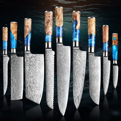 Hand Forged Damascus Chef Knife Set - Colored Blue Resin Handle - Letcase