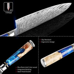 Hand Forged Damascus Chef Knife Set - Colored Blue Resin Handle - Letcase