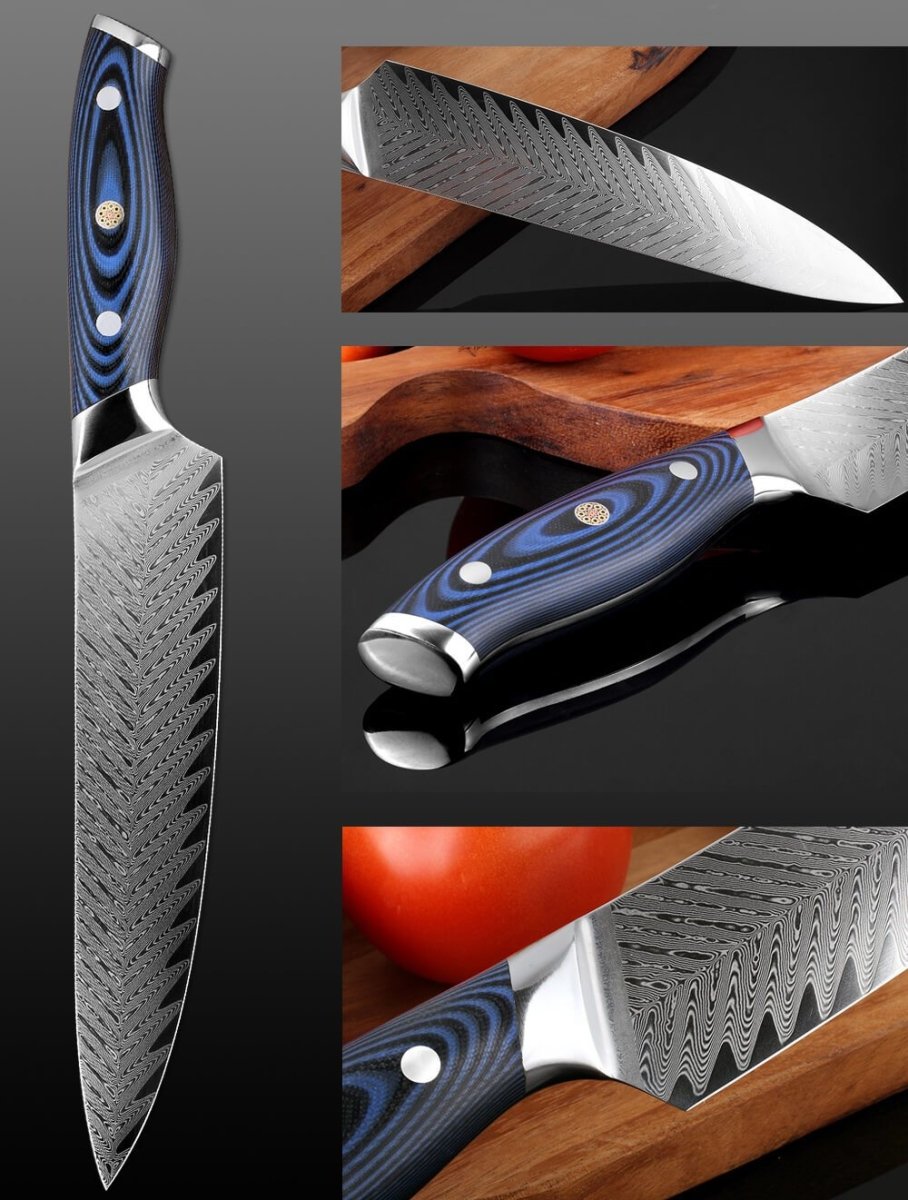 EXCALIBLADES Custom Chef Knife - Texas Family Business - Razor Sharp Kitchen Knife - 8 inch Blade - Damascus - G10 Black Stone Handle - Professional