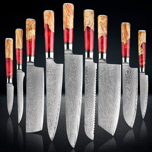 Japanese Damascus Kitchen Knife Set, Ergonomic Red Resin Wood Handle - Letcase