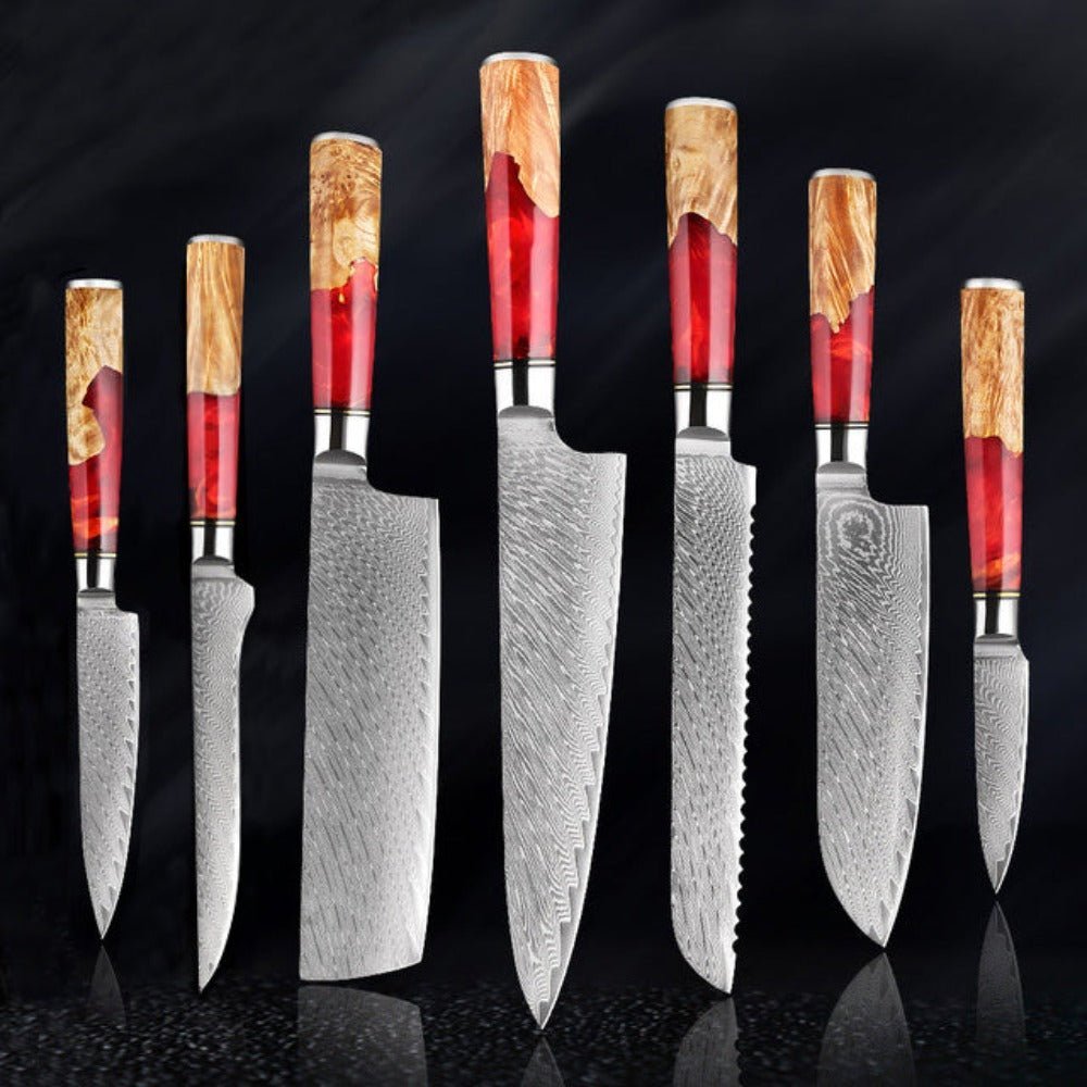 Japanese Damascus Kitchen Knife Set With Red Resin Wood Handle - Letcase
