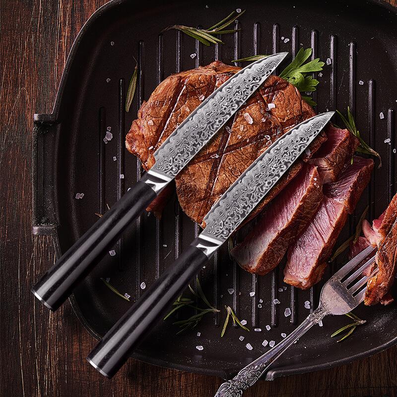 Japanese Damascus Steak Knife Set, Non Serrated, Ebony Wood Handles - Letcase