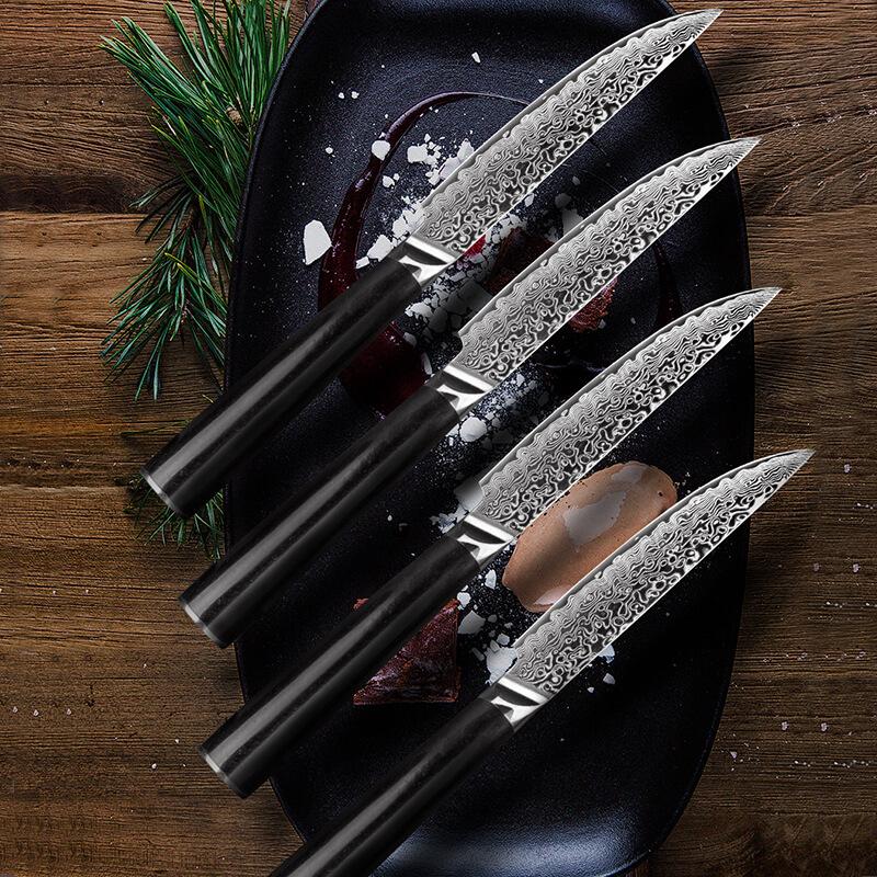 Japanese Damascus Steak Knife Set, Non Serrated, Ebony Wood Handles - Letcase