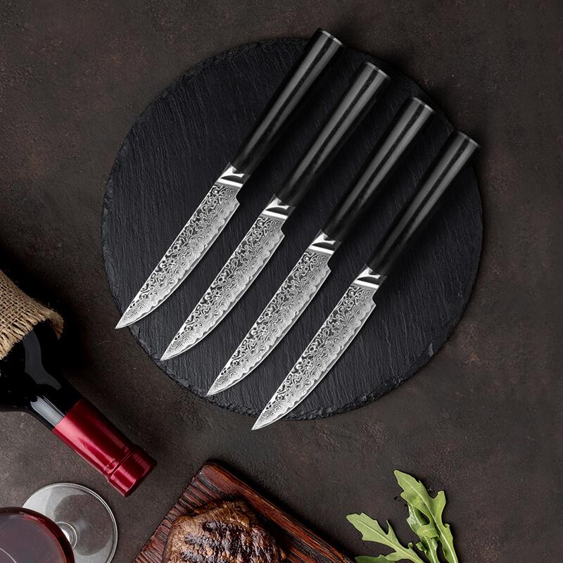 Japanese Damascus Steak Knife Set, Non Serrated, Ebony Wood Handles - Letcase