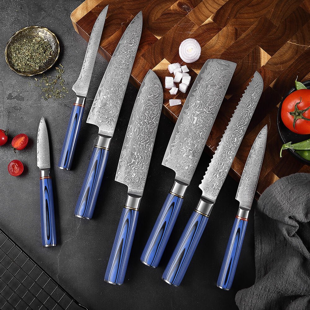 Chef Knife Set Lot Of 7,Hand made Damascus Steel Kitchen knife set,Fixed  Blade knives With Leather Roll kit,(Black Blue Green Wood Handle)