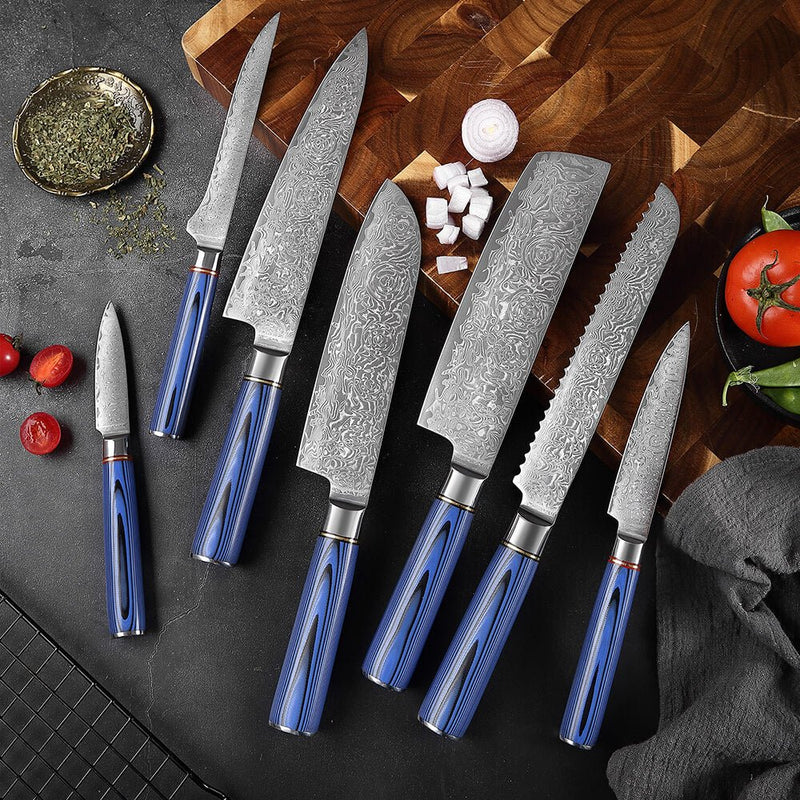 Kitchen Knives Set 1-10pcs Japanese Chef knife Blue Resin Handle 7CR17  Damascus Pattern Santoku Cleaver Slicing Utility Knives