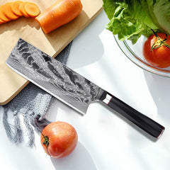 Japanese Nakiri Knife, 7" 67 layers Damascus AUS-10 steel with Black G10 Handle - Letcase