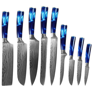 Knife Set, 9-Piece Kitchen Knife Set, Blue Resin Handle Chef Knives - Letcase