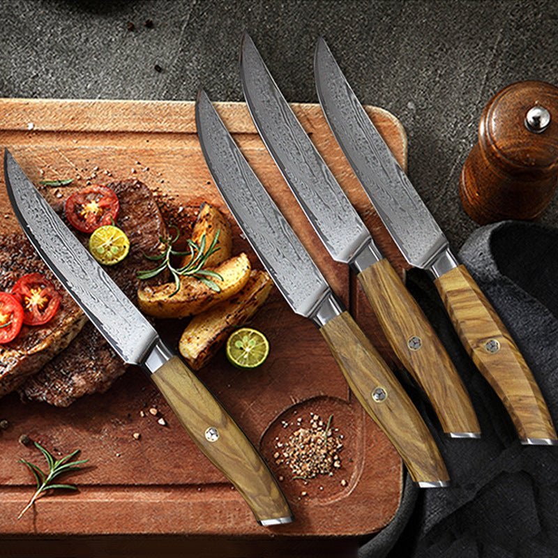 Non Serrated Steak Knife Set 6-Piece Japanese Damascus Steel Olive Wood Handle - Letcase