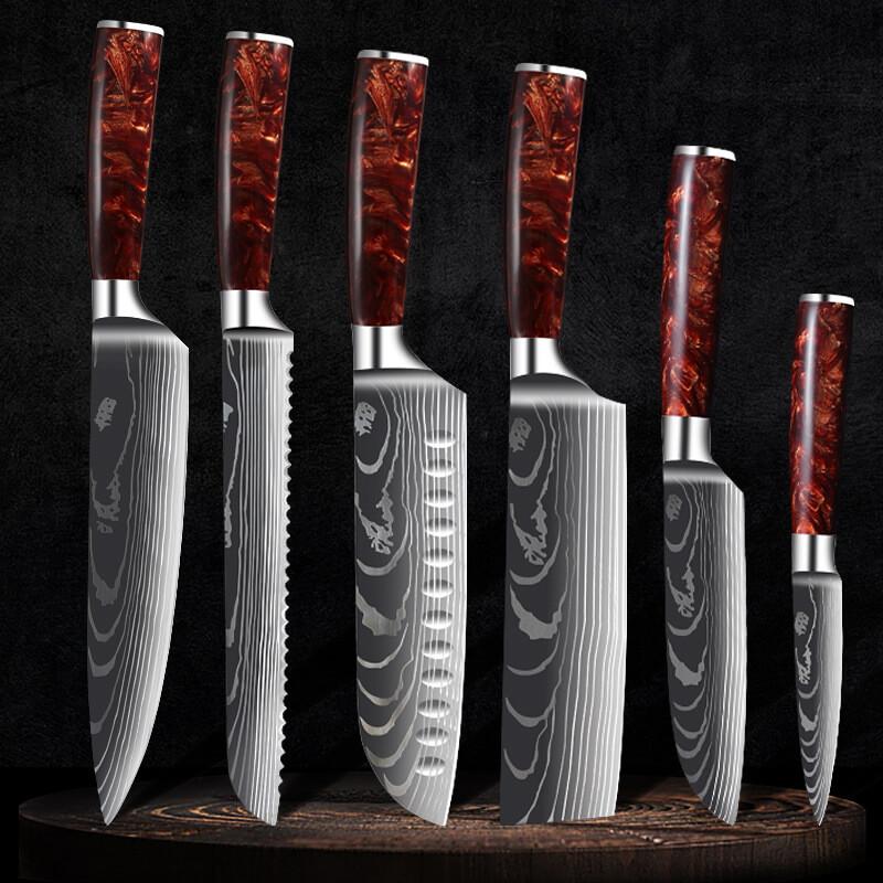 9 Pcs Chef Knife Set Damascus Steel Red Resin Handle Cleaver Nakiri Kitchen  Tool