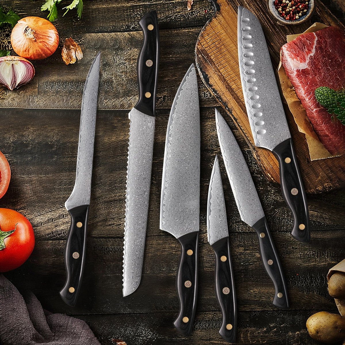 Professional 7Piece Damascus Steel Knife Roll Set Letcase