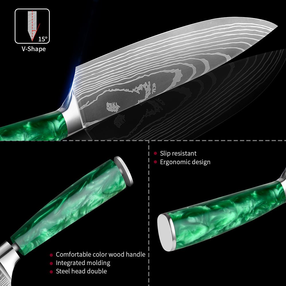 Professional Chef Knife Set - Green Resin Wood Handle - Letcase