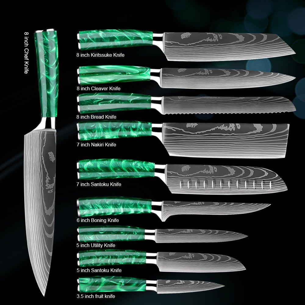 Professional Chef Knife Set - Green Resin Wood Handle - Letcase