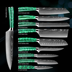 Professional Chef Knife Set - Green Resin Wood Handle - Letcase