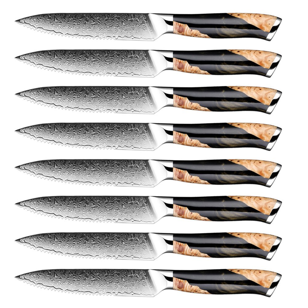 Serrated Damascus Steak Knife Set With Resin Handle - Letcase
