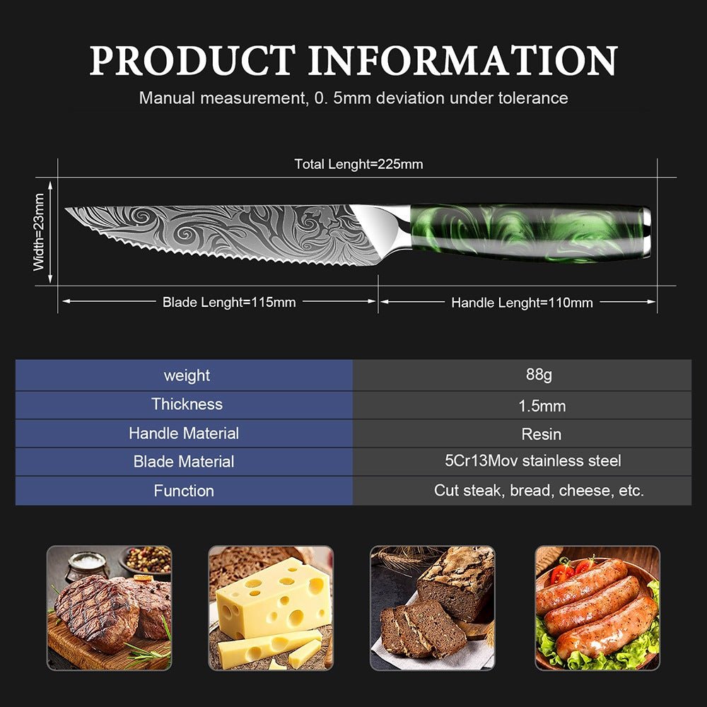Serrated Steak Knife Set of 6, Green Resin Handle - Letcase