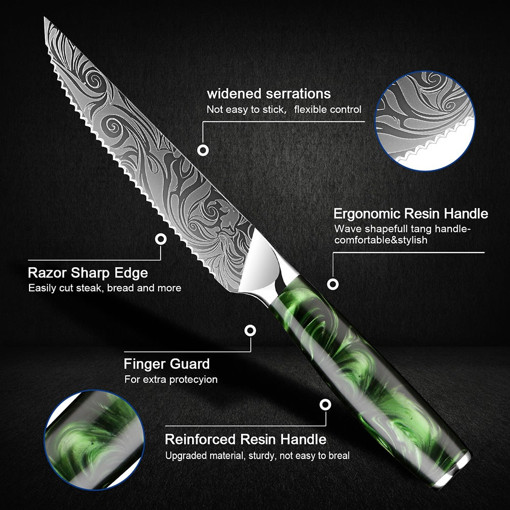 Serrated Steak Knife Set of 6, Green Resin Handle - Letcase