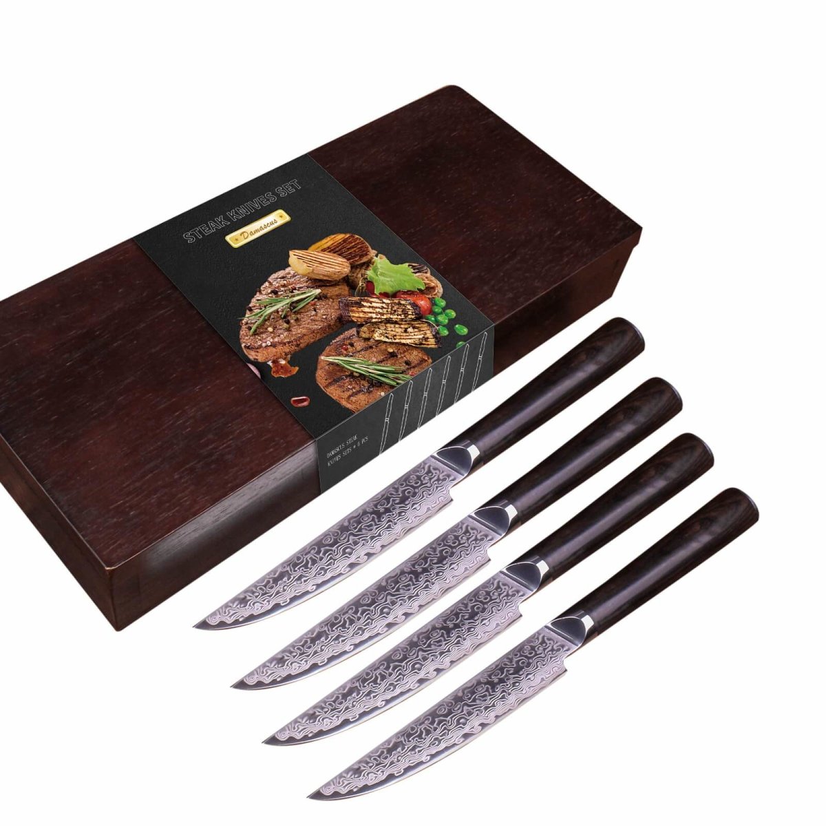 Steak Knives Set of 4, Japanese Damascus Steel, EBONY WOOD HANDLES - Letcase