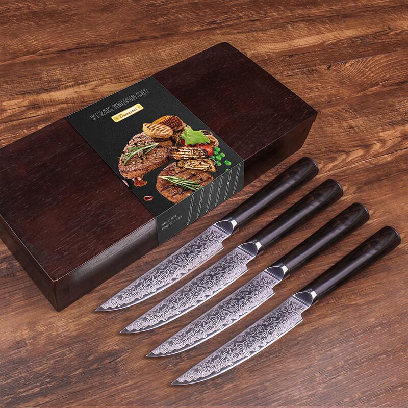 Steak Knives Set of 4, Japanese Damascus Steel, EBONY WOOD HANDLES - Letcase