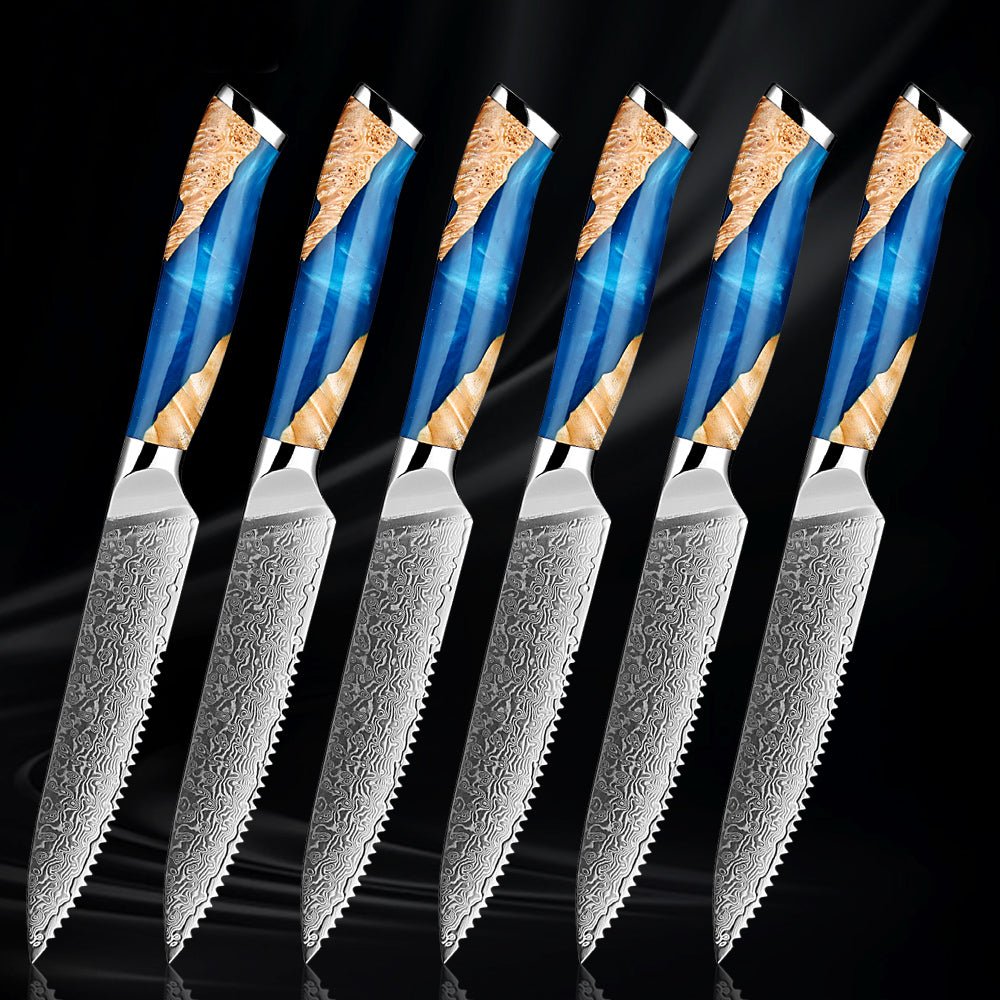 Damascus Cutlery】6 Piece 5 Damascus Steel Steak Knives Non-Serrated –