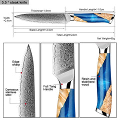 Steak Knives Set of 6, Damascus 5-inch Serrated Steak Knife - Letcase