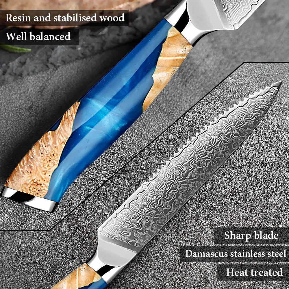 Steak Knives Set of 6, Damascus 5-inch Serrated Steak Knife - Letcase